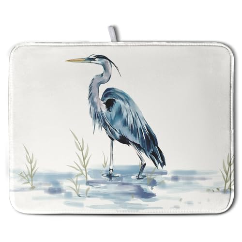 Kwlegh Summer Dish Drying Mat Blue White Heron Beach Absorbent Microfiber Drying Mats for Kitchen Counter Coastal Nautical Birds Dishes Drainer Mat Extra Large 18x24 Inch