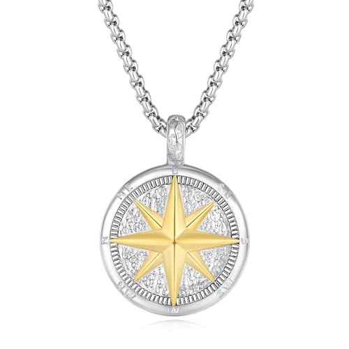 GAVU Collier Acier Inoxydable Homme, Collier Boussole Vintage pour Hommes, Collier Chaîne Argent, Cadeau pour Noël/Anniversaire/Fête des Pères, 60cm