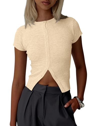 Image of Imily Bela Womens Short Sleeve Sweater Tops Summer Button Down Casual Ribbed Knit Slim Fit Cropped Cardigan Shirts