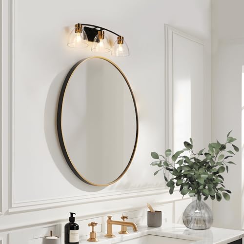 Image of KSANA Bathroom Light Fixtures, 3-Light Black and Plating Brass Vanity Lights for Bathroom, 22.8'' Modern Farmhouse Bathroom Lighting Lights Over Mirror with Clear Glass Shade