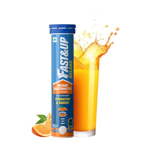 Fast&Up Reload (5 Litres) Low Sugar energy drink for Instant Hydration - 20 Effervescent Tablets with all 5 Essential Electrolytes + Added Vitamins - Certified Electrolytes Drink - Orange flavour
