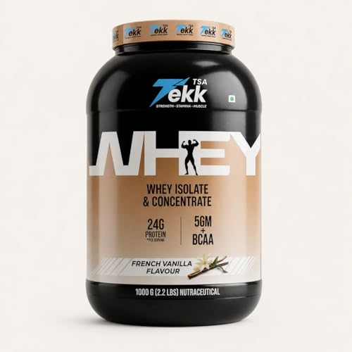 Image of TSA Tekk Whey Protein 1kg | 24g Protein with Hydrolyzed Whey Isolate + Concentrate Blend | Vegetarian Protein Powder for Muscle Gain, Recovery & Strength | No Added Sugar, Easy Digest (French Vanilla Flavour Whey)