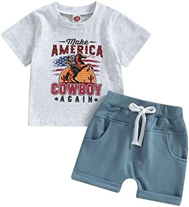 YINGISFITM 4th/Fourth of July Baby Boy Outfit Short Sleeve T Shirts Top Stars Stripes Shorts Summer Clothes Set (grey cowboy,18-24 Months)