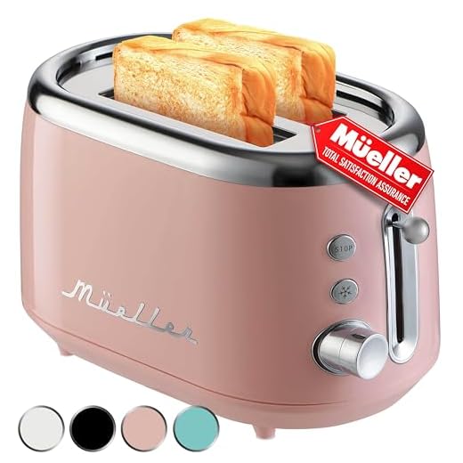 Mueller Retro Toaster 2 Slice with 7 Browning Levels and 3 Functions: Reheat, Defrost & Cancel, Stainless Steel Features, Removable Crumb Tray, Under Base Cord Storage, Pink