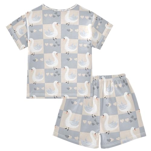 ALAZA Swan Plaid Love Heart Pajamas Set Short Sleeve Cotton Sleepwear Summer Pjs 2 Piece 5-14Y2