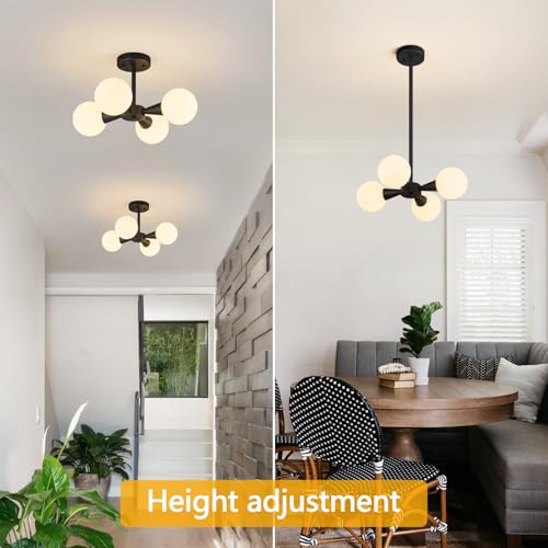 Image of Modern Ceiling Light with Milk White Glass lampshade Black Semi Flush Mount Ceiling Light Fixture Sputnik Chandelier for Bedroom Living Room Dining Room Foyer Hallway(4-Lights)