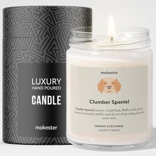 Clumber Spaniel Candle - Más de 100 razas - 220 g de cera de soja - vainilla y jazmín de Madagascar - Regalo de Clumber Spaniel - Velas para perros Makester