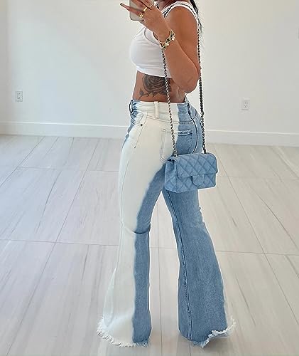 Sexyshine Women's Bell Bottom Jeans High Waist Distressed Tassel Raw Hem Gradient Color Block Flare Wide Leg Denim Pants4