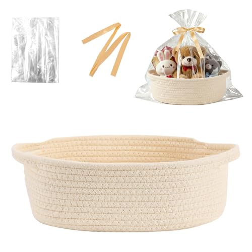 Image of Basket for Gifts Empty, Small Woven Basket with Bags and Ribbons, Baby Toy Baskets with Handles, Wicker Storage Bin for Baby Showers or Pet Toy (Creamy White, 1 Pack (12 inchx 8 inchx 3.74 inch))