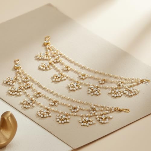 Image of Traditional Gold Plated Alloy Ear Chain Pair with Kundan & Pearl Dangling Design | 3 Layer Bridal Ear Chain for Women