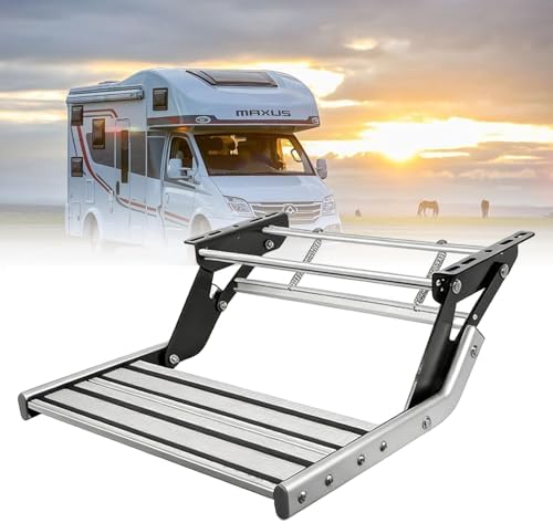 Manual Retractable RV Steps - 1/2-Step, 440 LBS Load Capacity, Foldable Aluminum Alloy Camper Steps with Ultra Wide Pedals & Step Rug for Maximum Safety and Stability