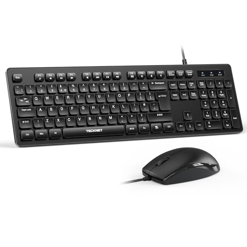 TECKNET Wired Keyboard and Mouse Set UK QWERTY Layout Slim Full-Size Keyboard 1.4 m Cable USB-A Plug & Play Spill Resistant Silent Business Combo Compatible with PC Laptop Windows/macOS Black