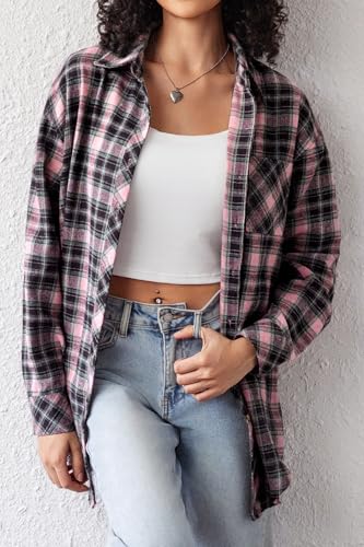 Image of CHYRII Womens Button Down Flannel Shirts Long Sleeve Plaid Shackets Business Casual Blouse Top