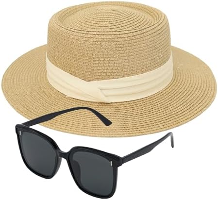 Sun Hats for Women Men Straw Beach Wide Brim Panama Foldable Hat Fedora Summer Roll Up UPF50+ +Sunglasses Khaki-Beige Ribbon