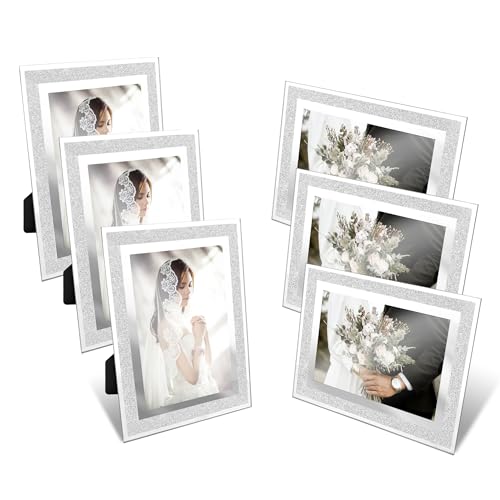 YKUKIZEE 6 Pack Glitter Glass Photo Picture Frames 6x4, Crushed Crystal Photo Frame Vertically Or Horizontally, Silver Sparkly Picture Frames for Wedding Photos Display Home Table
