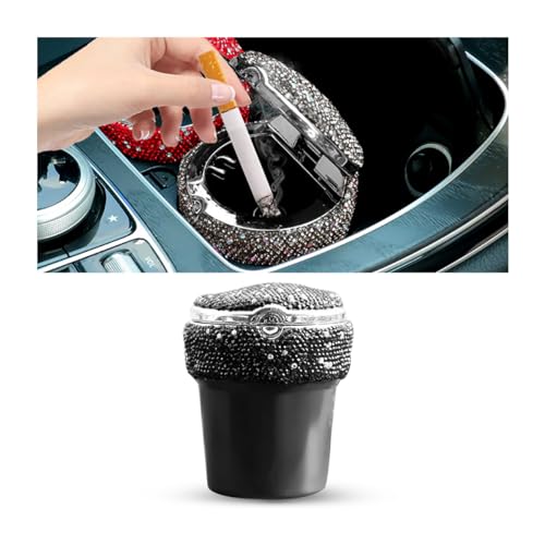 Image of BESULEN Bling Car Ashtray, Portable Auto Cigarette Ashtray with Lid, Cigarette Smokeless Cylinder Cup Holder with LED Light Indicator, Crystal Diamond Auto Accessories for Home, Office (Black)