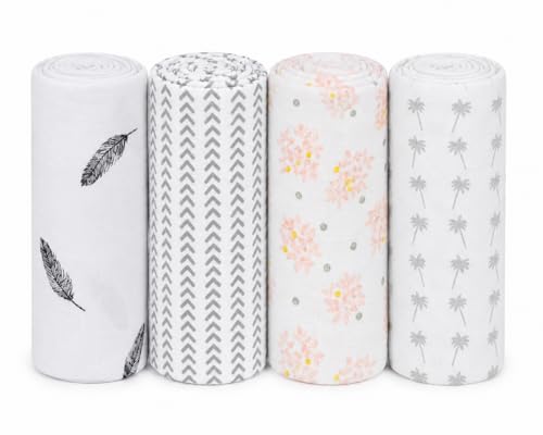 Image of Pure Cotton Muslin Baby Swaddle Blanket for Newborn Baby - Super Soft Wrapper Cloth& Nursing Cover,Gentle on Baby Skin (120 x 120 CM)-Pack of 4 |LEAF DOT & BLACK WING & COCONUT & HALF ZIG