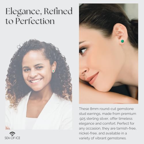 Sea of Ice Sterling Silver Round-Cut Simulated Gemstone Stud Earing for Women – Gemstone Round cut 8 mm - Elegant Sterling Silver Earrings for Women – Nickel-Free3