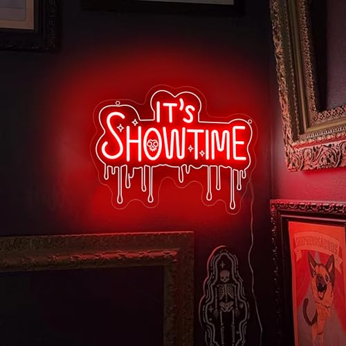 Image of It's Show Time Neon Sign Halloween Neon Lights for Wall Decor LED Red Tombstone Sign for Party,Chamber of Secrets, Spooky House, Game Room, Theater