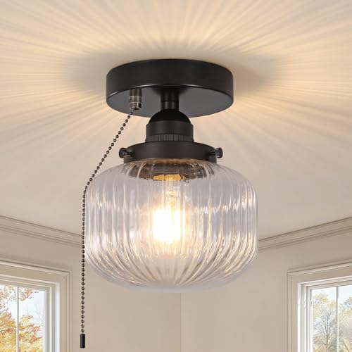 KEESFU Semi Flush Mount Ceiling Light in Black Vintage Glass Ceiling Light with Pull Chain Switch Modern Black Hallway Light Fixture for Bedroom Kitchen Hallway Entryway