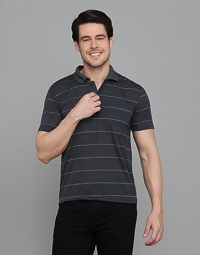Image of INKKR Men's Striped Polo Neck Cotton Blend Multicolor T-Shirt