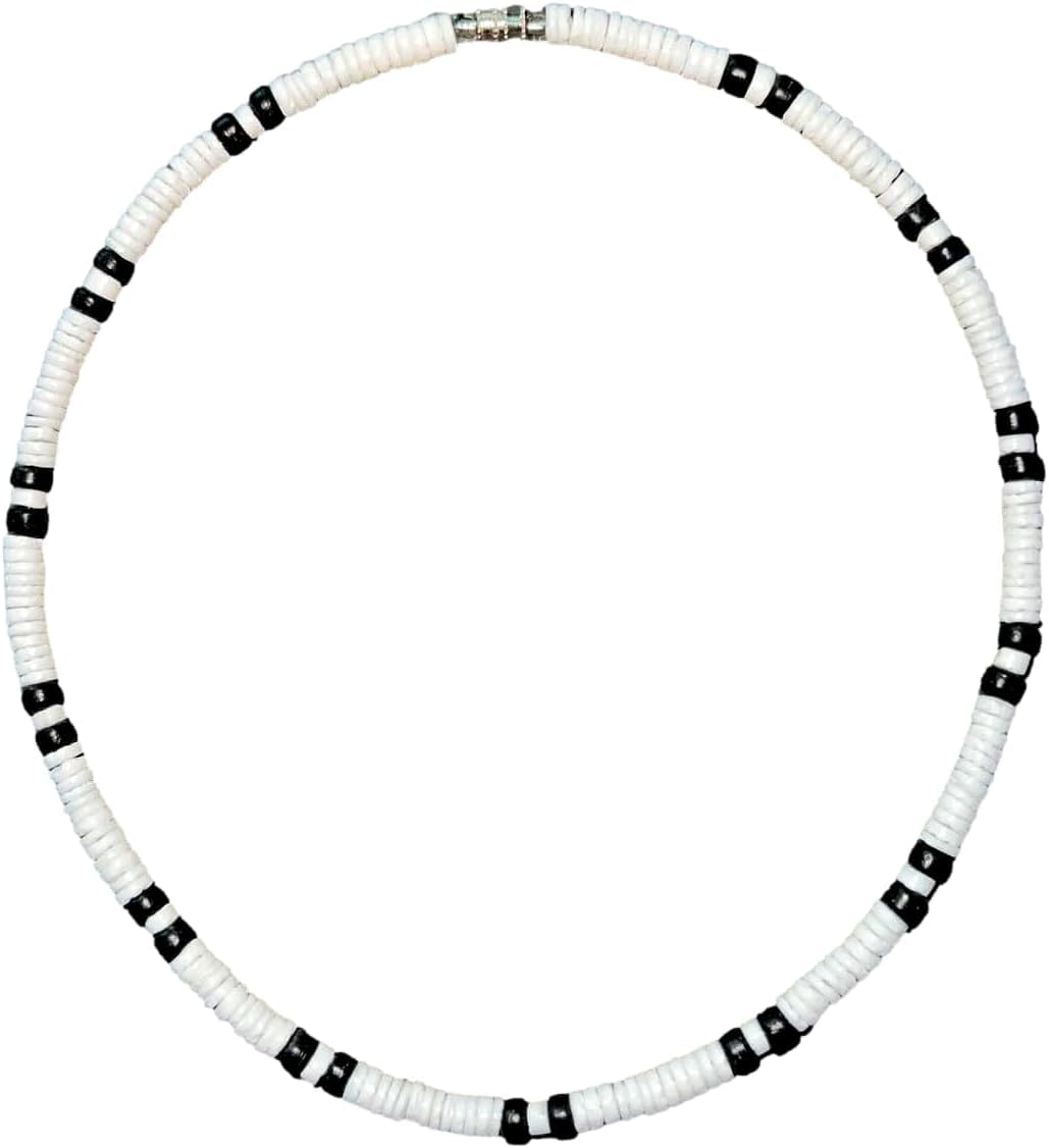 Handmade 5mm White Clam Heishi Puka Shell Necklace with Black Coconut Bead Accents - Surfer Beach Style Jewelry for Men and Women - Stainless Steel Cable Wire - Water Friendly