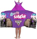 Jay Franco Kids Hooded Towel β 22" x 51" Super Soft Bath Wrap with 3D Hood, Heroes & Friends, Beach, Pool & Travel, Official Licensed, Purple - Monster Jam Sparkle Smash