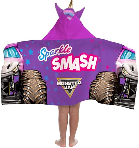 Monster Jam Sparkle Smash Kids Hooded Towel Costume Bath Wrap, Purple