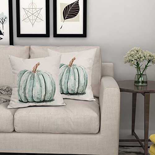 Fall Pumpkin Pillow Covers 18X18 Inch Autumn Thanksgiving Teal Watercolor Pumpkin Throw Pillow Covers Rustic Linen Square Cushion Covers For Couch Sofa Bedroom Livingroom Patio (Pack Of 2) #TOP5