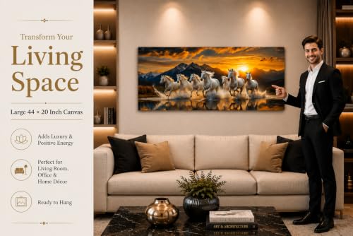 Image of 7 Horse Vastu Sunrise Canvas Painting | Positive Energy Wall Decor | Big Size Premium Running Horses Artwork for Home, Office & Hall Decoration (Modern, Hills White, 44x20 Inch)