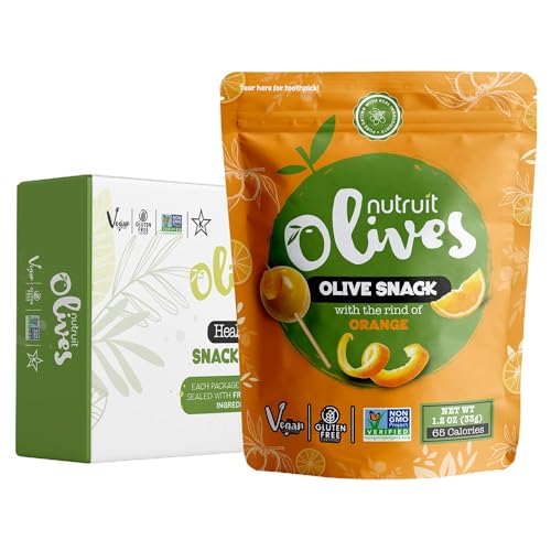 Nutruit Olives Snacks - Pitted Olives with Rind of Orange - Fresh Aegean Green Olives - Vegan, Non-GMO, Gluten Free, Kosher, Paleo, Sugar Free - Comes with Wooden Stick - 1.2oz (20-Pack)