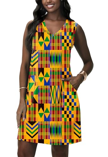 Deerose Women's African Dress Casual Black History Month Sexy Dresses with Pockets Tribal Geometric V-Neck Sundress L