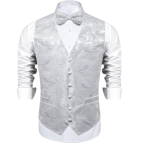 Image of DiBanGu Mens Paisley Suit Waistcoat,Silk Dress Vest and Bowtie Pocket Square Cufflinks with Lapel Pin Set for Wedding Tuxedo