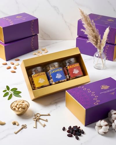 Image of Nature's Blend Essential Dry Fruits Selected Gift Set | Festive New| Badam Kaju Kishmish | Pack of 3 x 100g Jars | Healthy Gifting for all occassion | Almond, Cashew, Raisins | Perfect Corporate & Festive Dry Fruit Gift Hampers | Perfect Corporate Gift Hamper