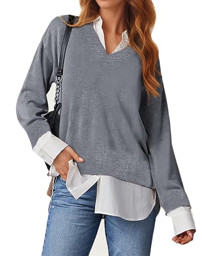 Image of Oyamiki Women's Casual Collared Curved Hem 2 in 1 Pullover Tops Plaid Contrast Shirt Blouse