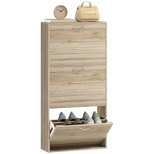 HOMCOM Narrow Shoe Cabinet, Slim Shoe Storage Cabinet with 3 Flip Drawers, 12 Pair of Shoes Organizer Hallway Entryway, Oak Wood Grain