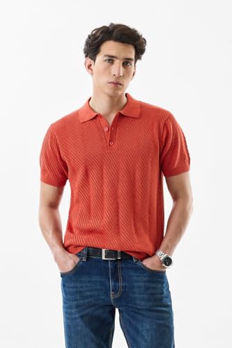 Image of SNITCH Men's Polo Shirt | Slim Fit Textured Knit Design | 100% Cotton Fabric & Breathable Material | Buttoned Closure & Straight Hemline | Casual & Streetwear