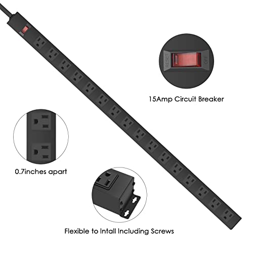 Regleta de alimentación metálica para montaje en pared HHSOET, 16 tomas, cable de extensión de 15 pies (14 AWG), 15 A, 125 V, 1875 W, color negro | Resistente, con espaciado amplio entre tomas, para escritorio, garaje y taller miniatura 3