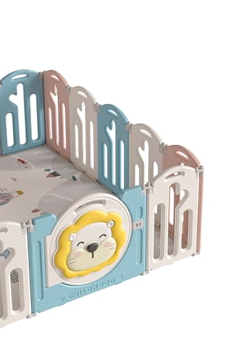 Image of 46 Sq Ft Extra Large Baby Playpen | Lion-Themed 20-Panel Play Yard with Soft Mat & Basketball Hoop | Indoor /Outdoor Toddler Fence | Blue-Pink-White | ISO & CE Certified