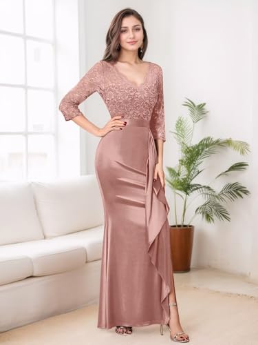 V-Neck Prom Dresses for Women Mermaid Long Sleeves Ruffle Lace Satin Formal Gown Evening Party Dresses with Slit3