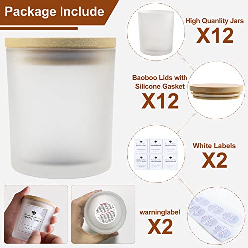 Image of CONNOO 12Pack 10 oz Frosted Glass Candle Jars with Bamboo Lids for Making Candles Empty Candle Tins with Wooden Lids, Bulk Clean Candle Containers - Dishwasher Safe