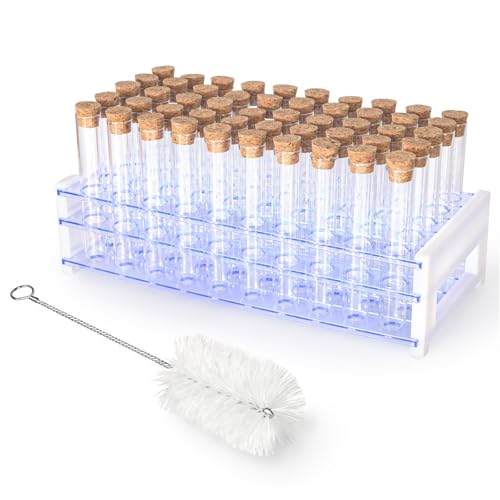 7ml 50pcs Clear Glass Test Tubes 13x100mm with Cork Stoppers and 1pcs 50Holes Plastic Tubes Rack for use in Laboratories, Plant Propagation, Parties, Bath Salts, Candy Storage