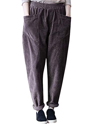 Youlee Mujer Cintura elástica Sólido Pantalones de harén Pantalones De Pana con Bolsillos Style 2 Purple Cover