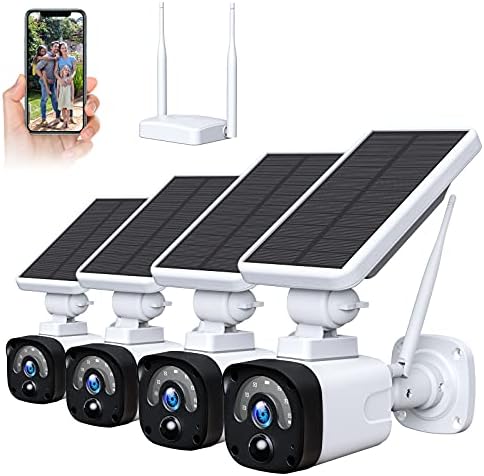 Solar Security Camera System Outdoor Wireless WiFi 4 Pack, 3MP Solar Powered (Include Base Station & 4 Solar Cameras), 2-Way Audio, Night Vision, PIR Motion Detection, IP65 Waterproof