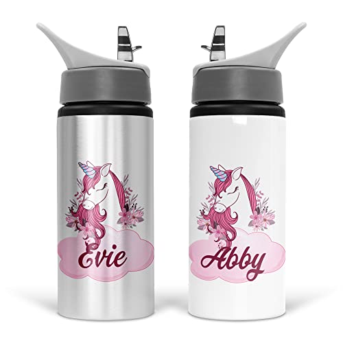 Print Maniacs Personalised Water Bottle Unicorn School Sport Drink 600ml Leakproof Spill Proof Aluminium Hot Cold Flip up Kid Boys Girls Biking Gift (Add Name)