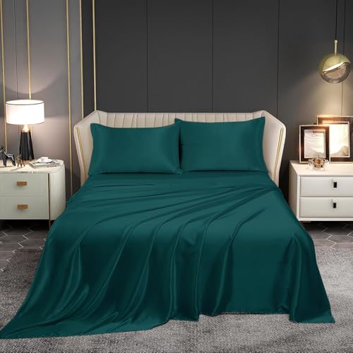 Image of Homestan Satin Bedsheet for King Size Bed with 2 Pillow Covers, Modern Bed Sheet for Romantic Nights(100x108 inches, Peacock Green)