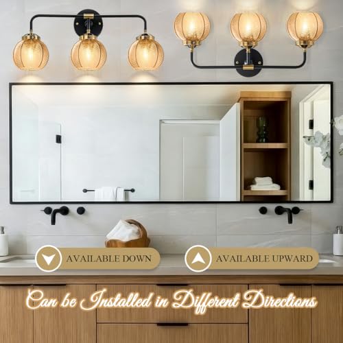 Image of 3 Light Glass Globe Wall Sconce Lights Amber Mid Century Modern Wall Light Fixtures Bathroom Vanity Lights with Ribbed Glass Shade Black Gold Wall Mount Lamp Over Mirror Bedroom