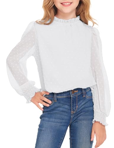 Arshiner Girls Long Sleeve Shirts Chiffon Blouses Swiss Dot Frill Neck Casual Loose Cute Top Tee
