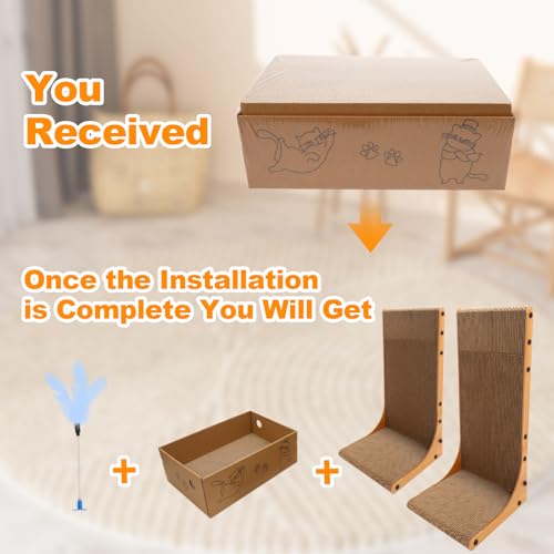 Cat Scratching Post, 3-in1 Scratching Board for Indoor Cats, 2PK 22in L-Shaped Cat Scratcher with 1PK Cardboard Box Scratch Pad, Cats Scratch Furniture Protector with Feathered Toy - Image 3