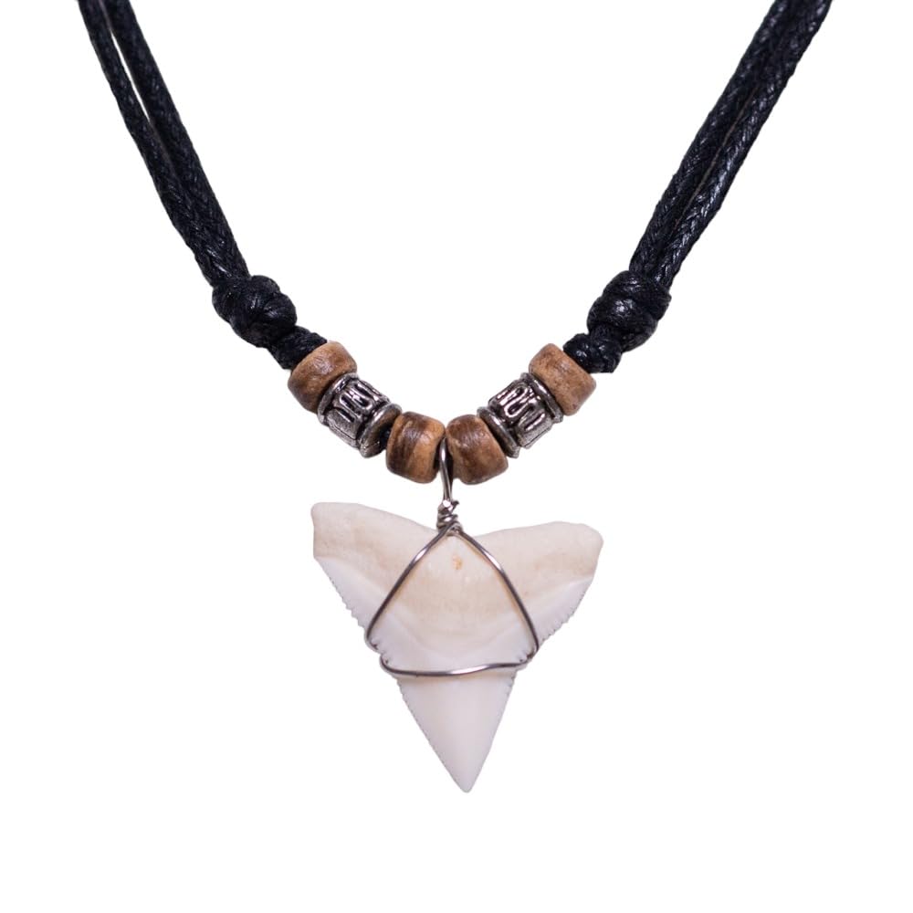 Shark Tooth Pendant on Adjustable Cord with Wood Accent Beads Necklace